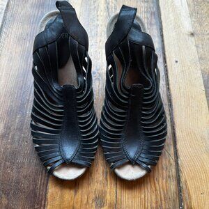 Camper Rachael Black Leather Strappy Beech Wood Wedge Heel Women's EU 36/US 5.5